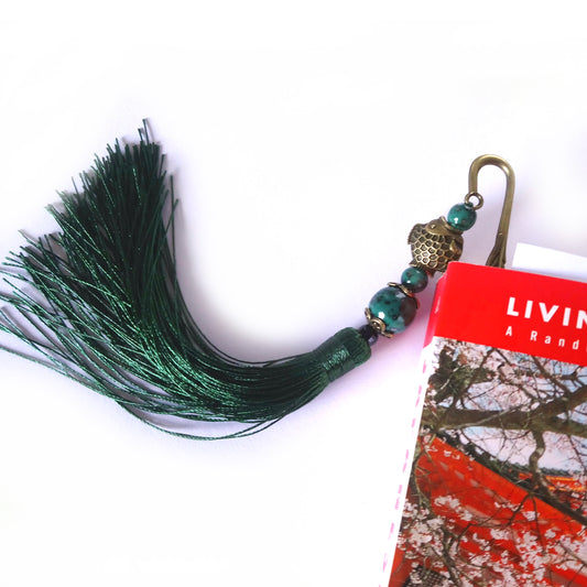 Shimmering Feather Green Tassel Metal Bookmark