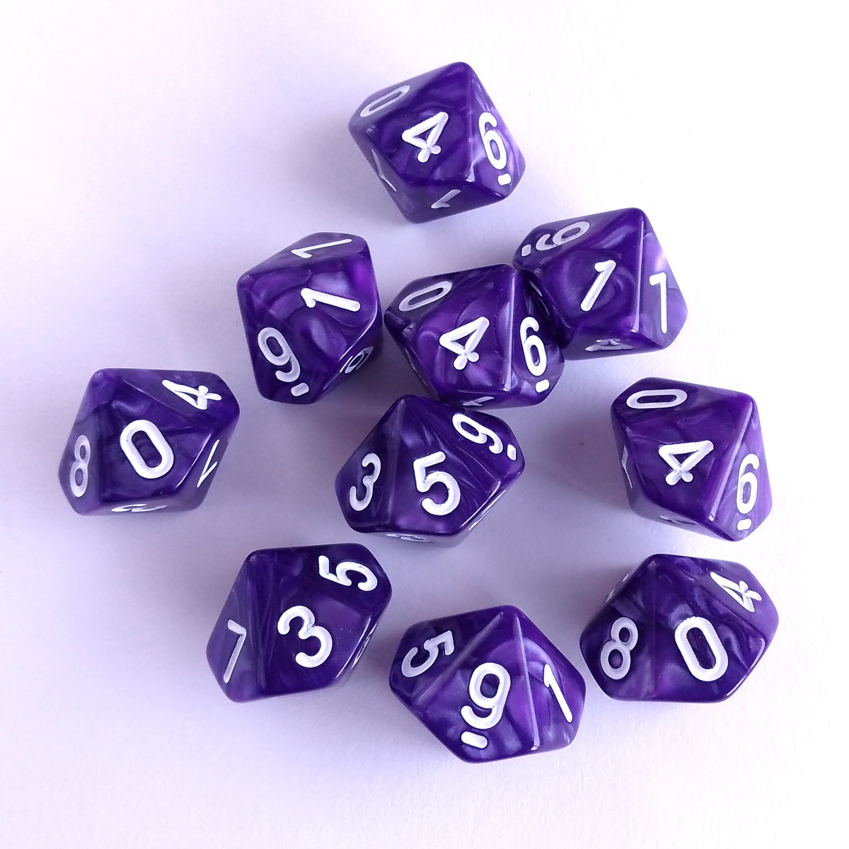 D10 Dice Set Pearl Purple with White Numbers 10pcs