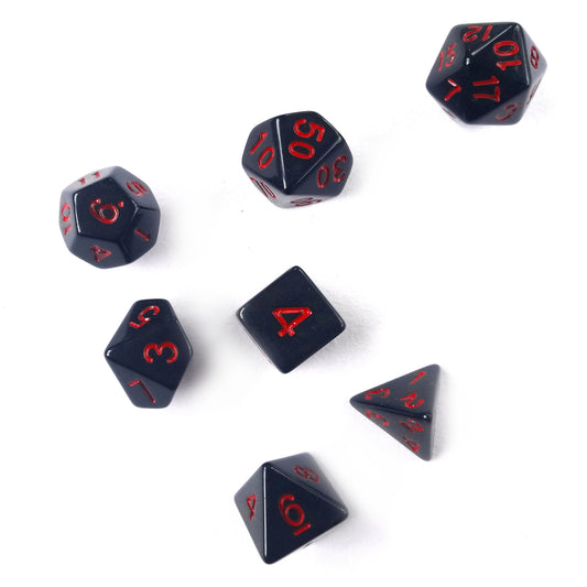 Black RPG Dice Set with Red Numbers 7pcs D20