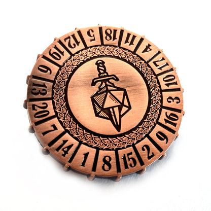 Metal D20 Spinner Dice in Antique Copper