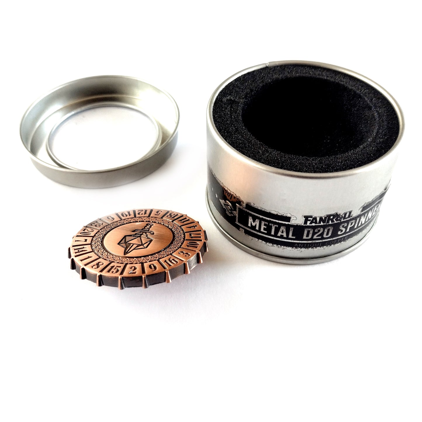 Metal D20 Spinner Dice in Antique Copper