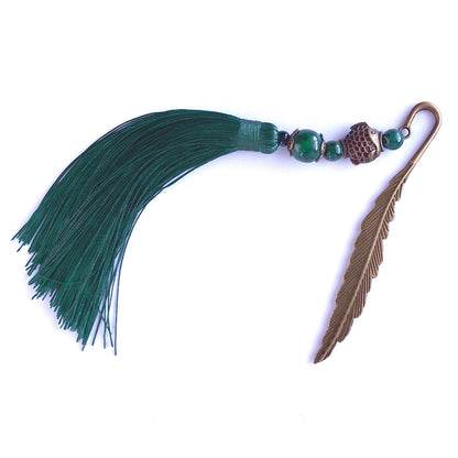 Shimmering Feather Green Tassel Metal Bookmark