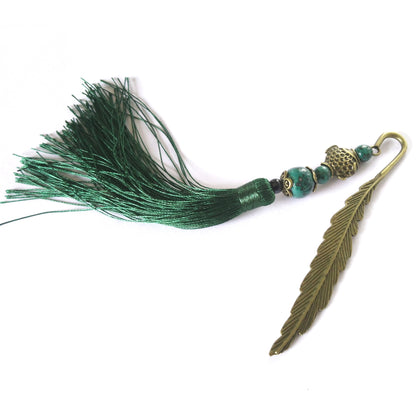 Shimmering Feather Green Tassel Metal Bookmark