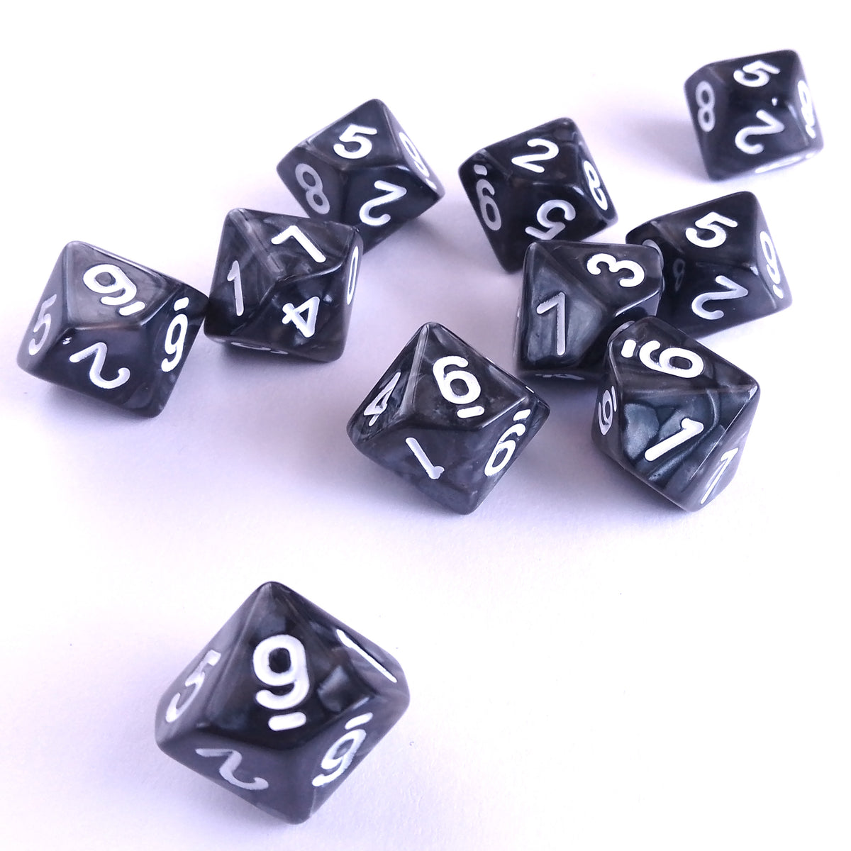 D10 Dice Set Pearl Black with White Numbers 10pcs