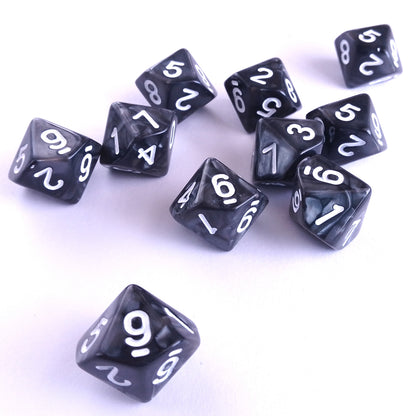 D10 Dice Set Pearl Black with White Numbers 10pcs