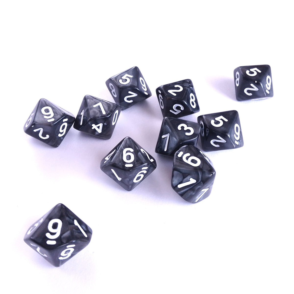 D10 Dice Set Pearl Black with White Numbers 10pcs