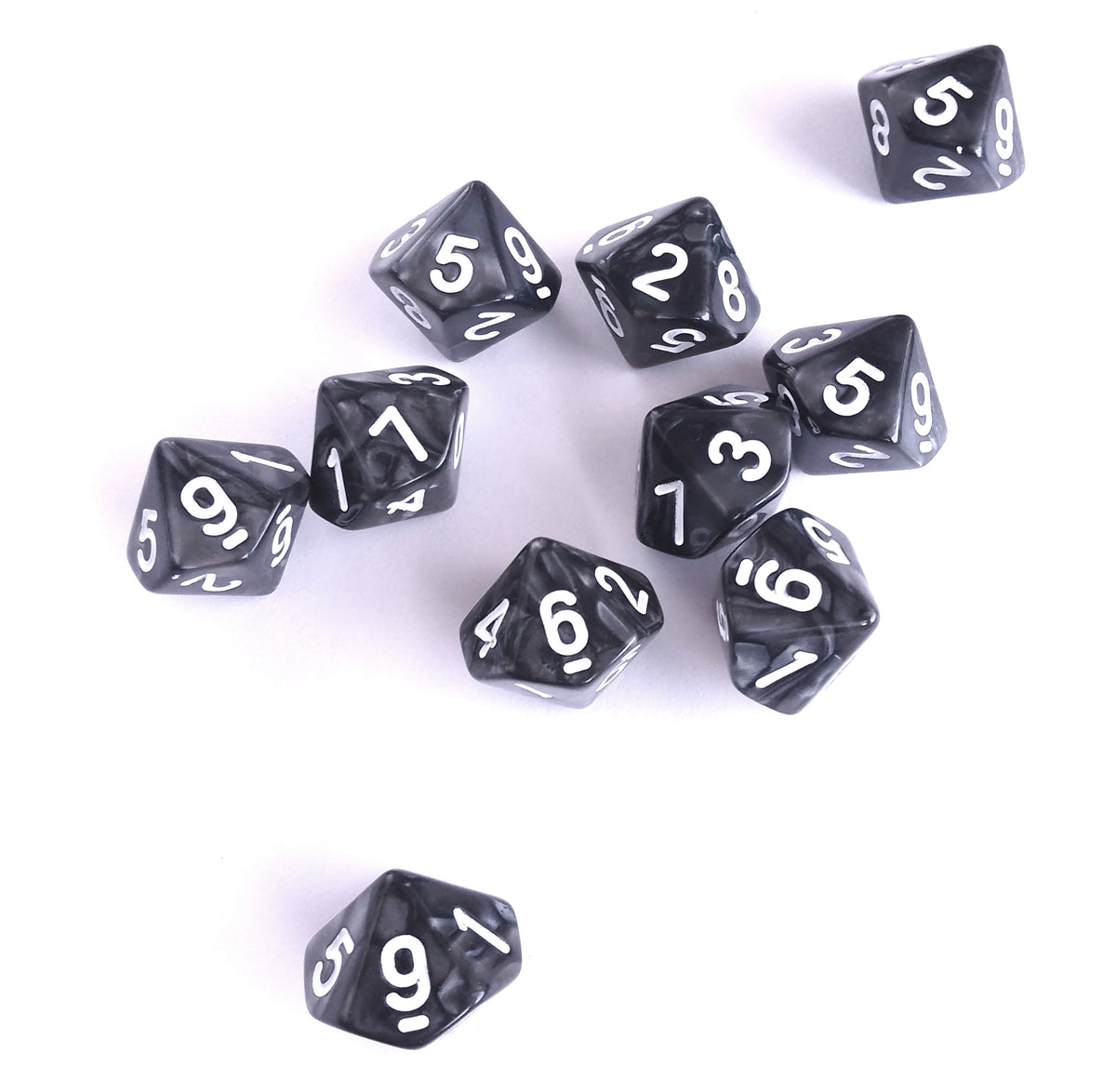 D10 Dice Set Pearl Black with White Numbers 10pcs