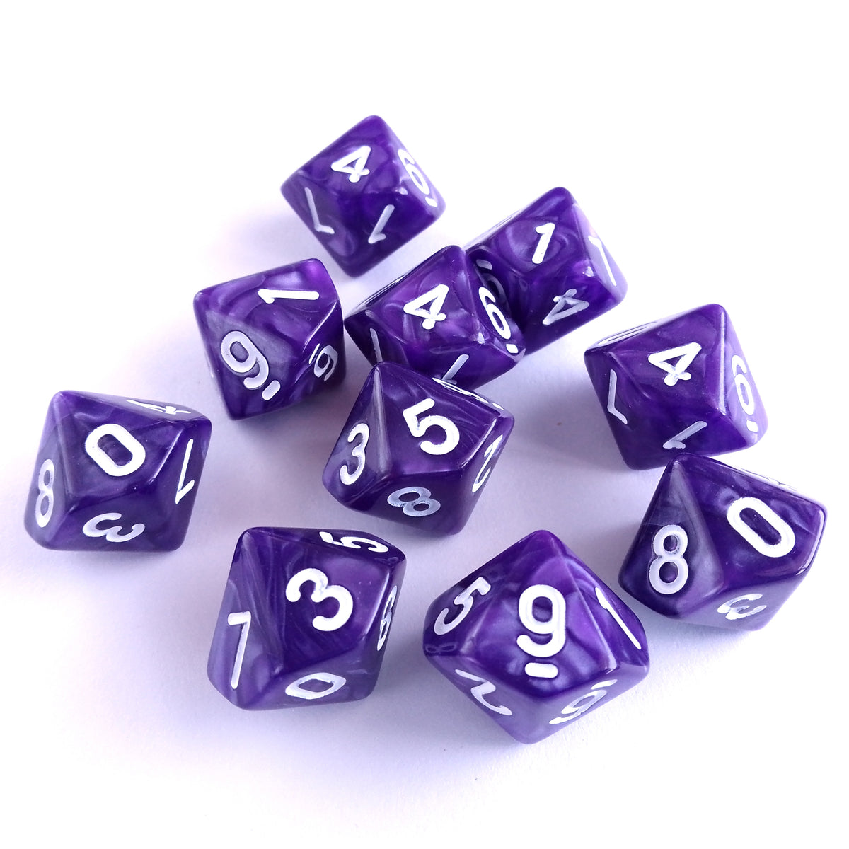 D10 Dice Set Pearl Purple with White Numbers 10pcs