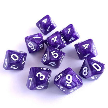 D10 Dice Set Pearl Purple with White Numbers 10pcs