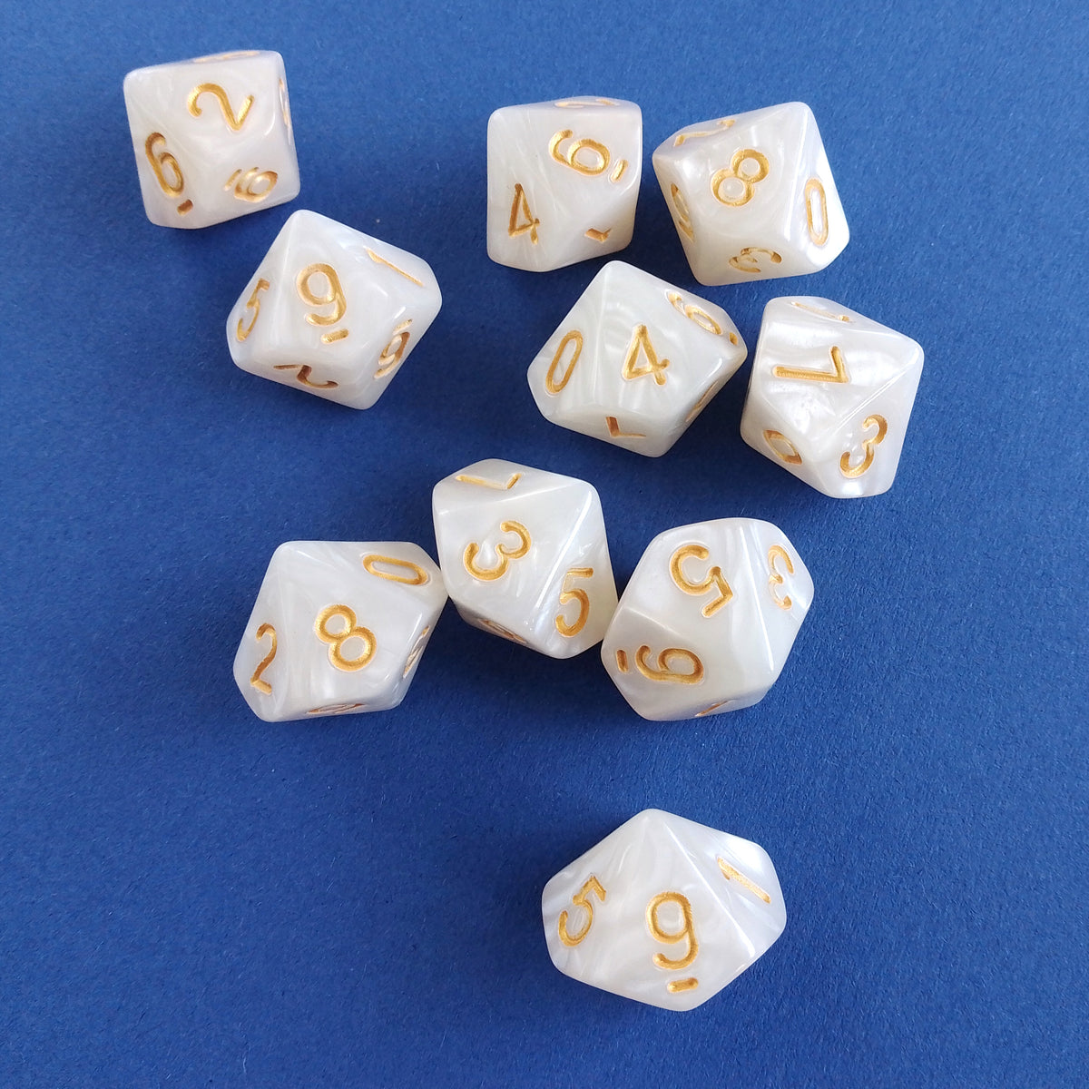 D10 Dice Set Pearl White with Gold Numbers 10pcs