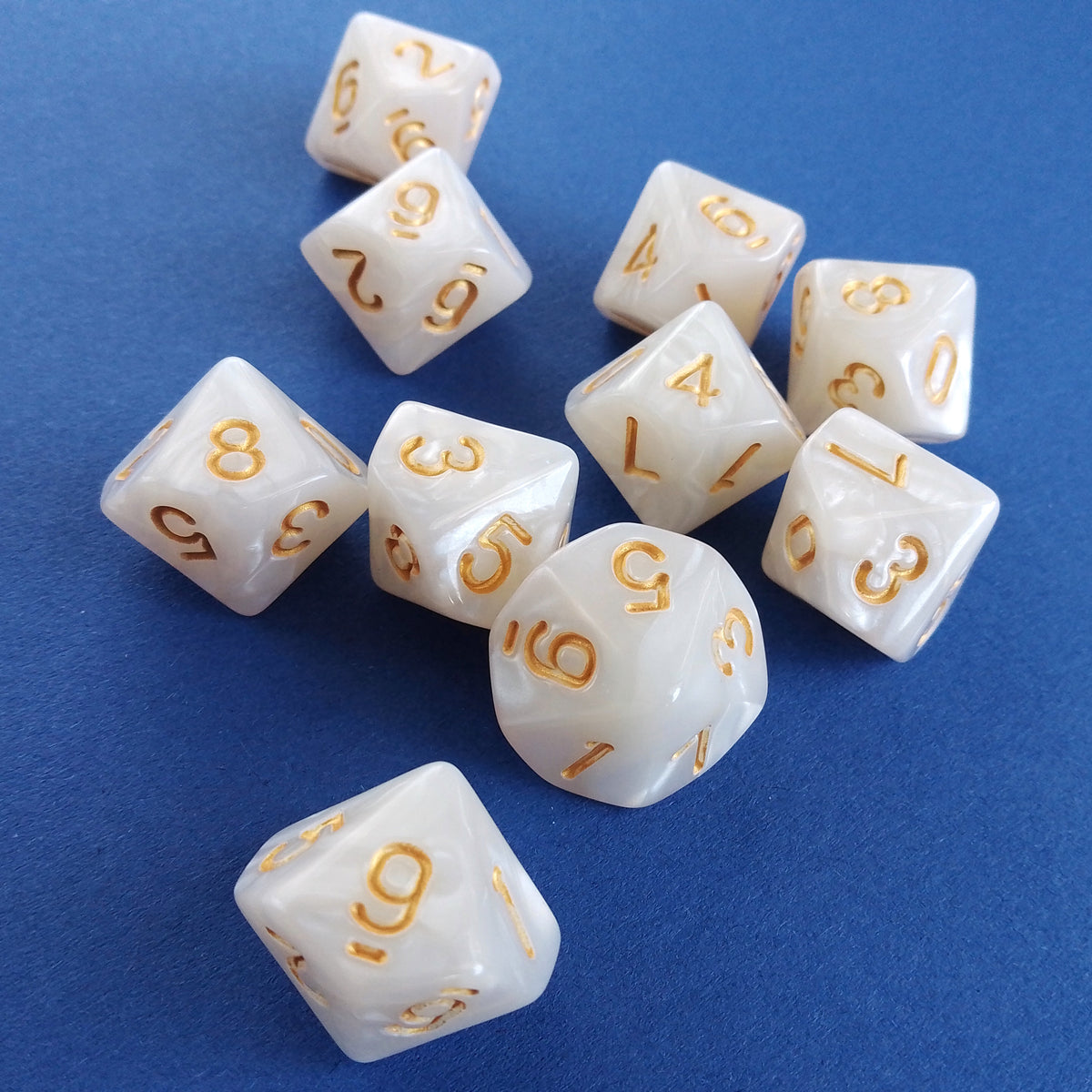 D10 Dice Set Pearl White with Gold Numbers 10pcs