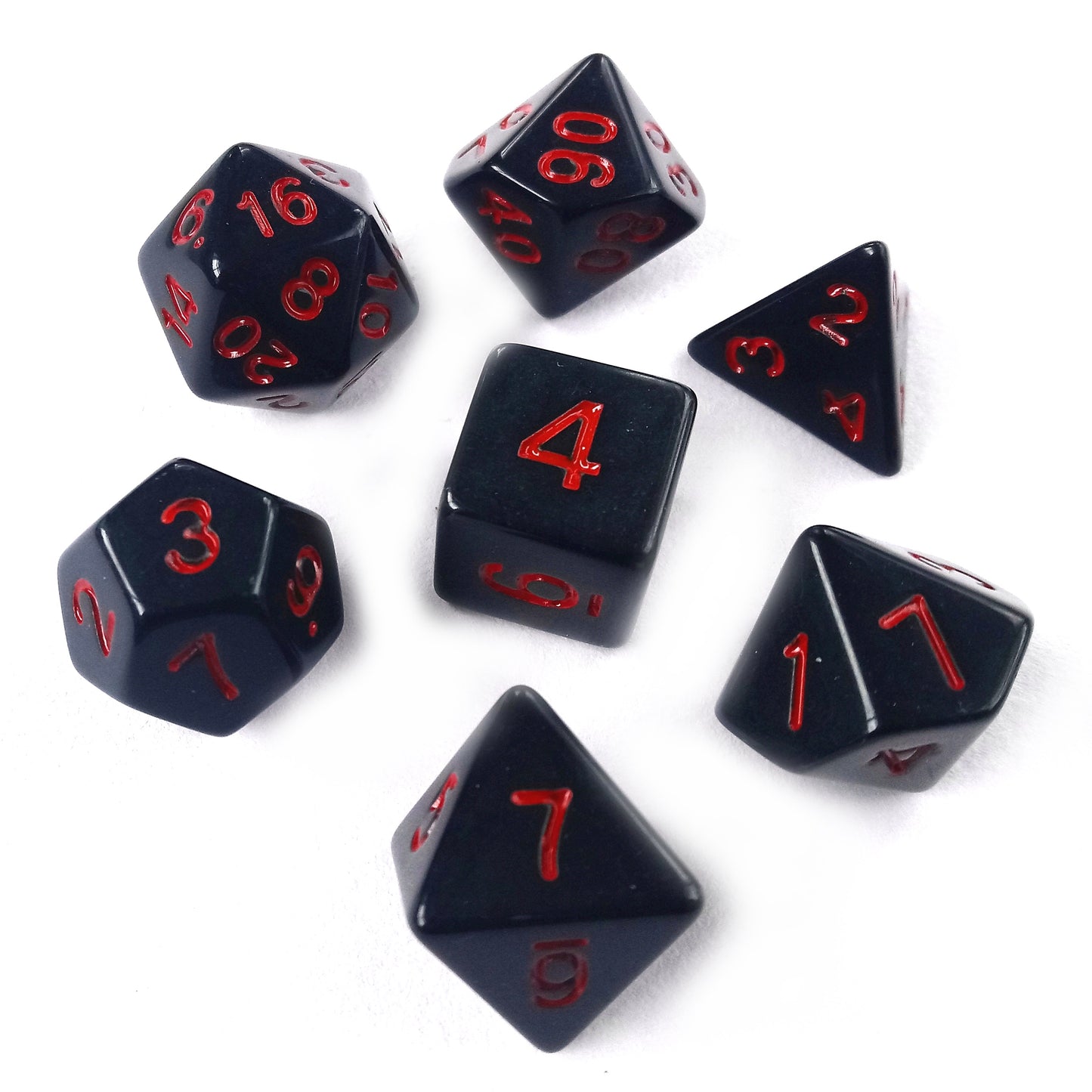 Black RPG Dice Set with Red Numbers 7pcs D20