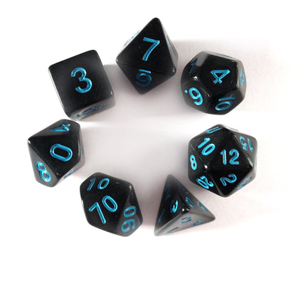 Black RPG Dice Set with Blue Numbers 7pcs D20