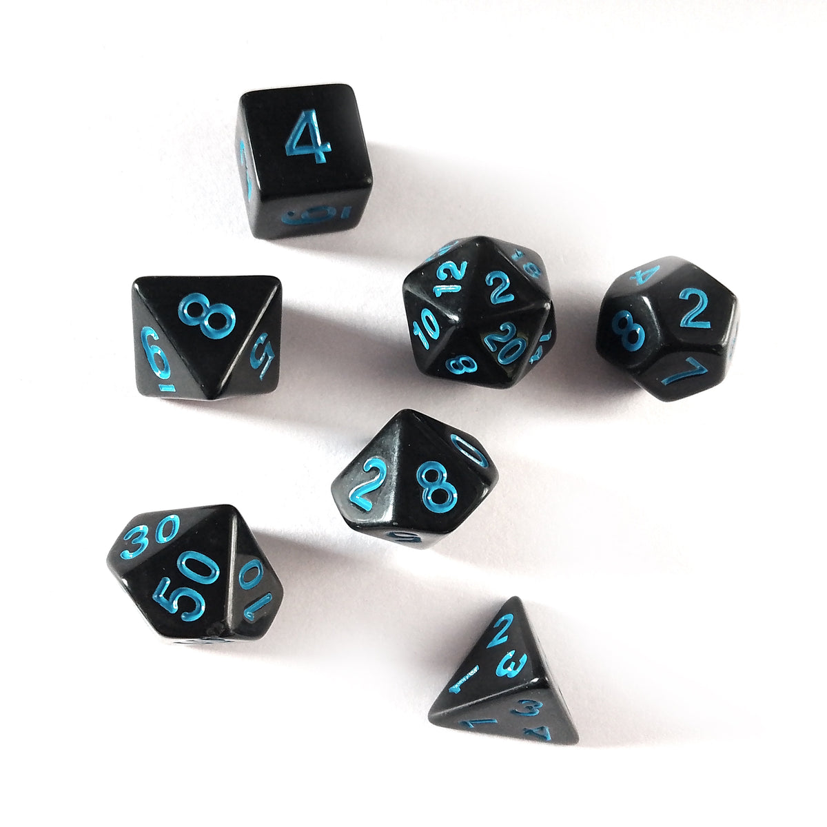 Black RPG Dice Set with Blue Numbers 7pcs D20