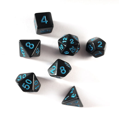 Black RPG Dice Set with Blue Numbers 7pcs D20