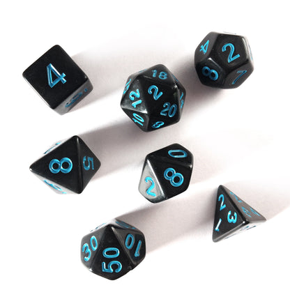 Black RPG Dice Set with Blue Numbers 7pcs D20