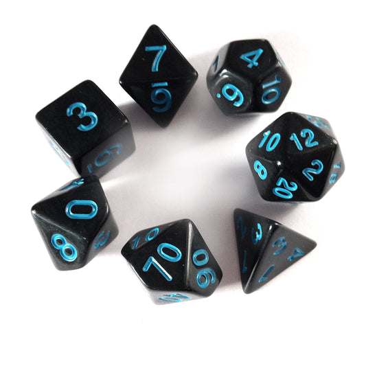 Black RPG Dice Set with Blue Numbers 7pcs D20